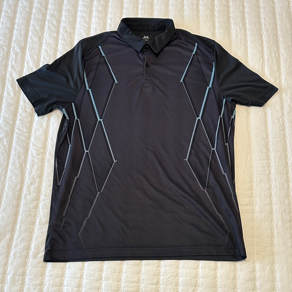 Oakley Golf Polo Dri-Fit Short Sleeve Shirt Medium Grey Black Geometric Print